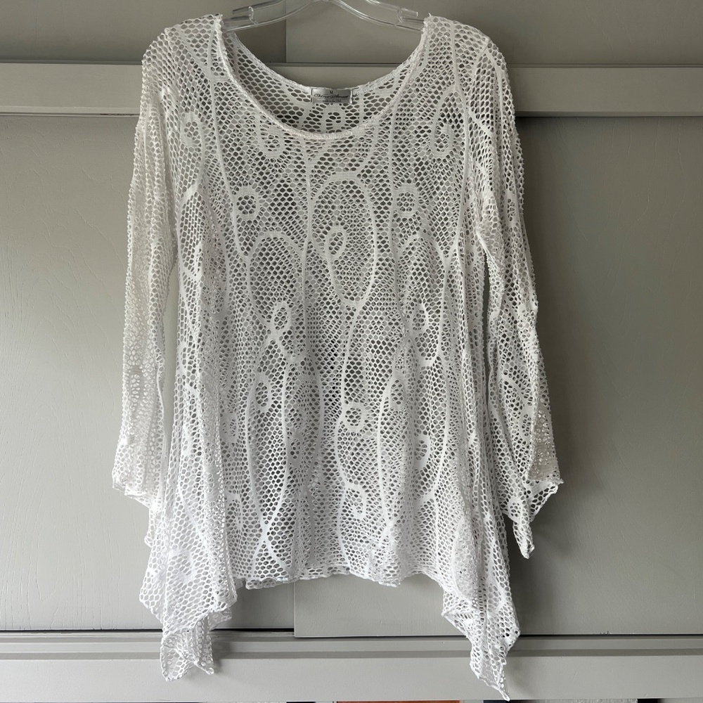 Vine Street Sheer White Crochet Mesh Boho Coastal Beach Cover Up Top M